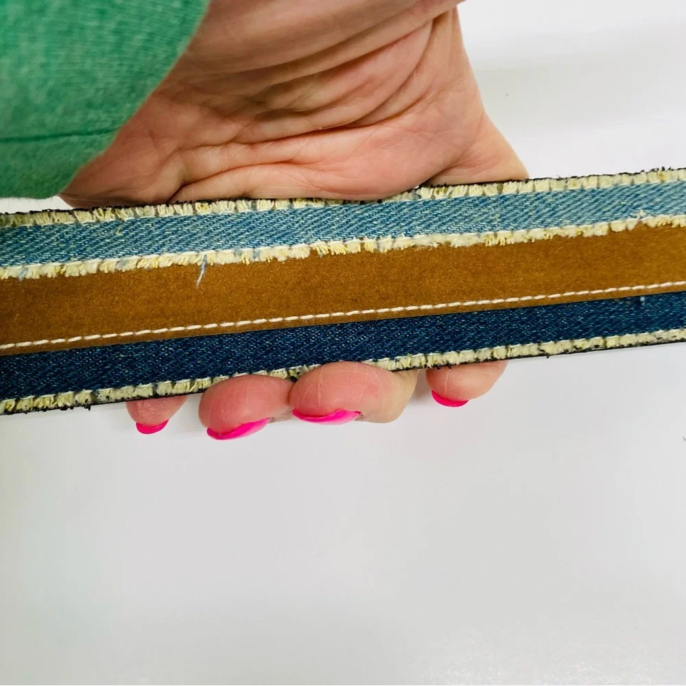 Vintage Belt Denim & Faux Leather Size XL Frayed Boho Casual Blue Brown Trendy